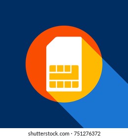 Sim card sign. Vector. White icon on tangelo circle with infinite shadow of light at cool black background. Selective yellow and bright navy blue are produced.