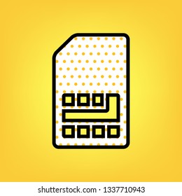 Sim card sign. Vector. Yellow polka dot white icon with black contour at warm yellow background.