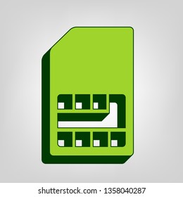 Sim card sign. Vector. Yellow green solid icon with dark green external body at light colored background.