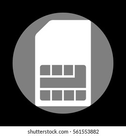 Sim card sign. White icon in gray circle at black background. Circumscribed circle. Circumcircle.
