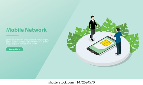 sim card or simcard mobile technology network with smartphone and people for website template or landing homepage with modern flat style isometric- vector