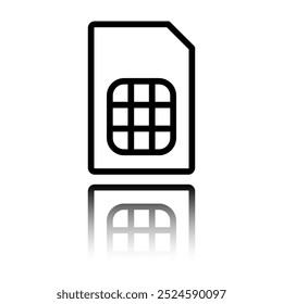 Sim card simple icon. Flat design. Black icon with mirror reflection. White background.ai