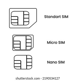 SIM card symbol in a line style. Standard SIM, Micro SIM and Nano SIM. Mobile phone card. Vector illustration