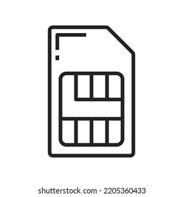 Sim card thin line icon isolated outline mobile slot. Vector 3g or 4g simcard, mobile communication or memory telecommunication cellphone chip. Micro sim-card with phone numbers in memory