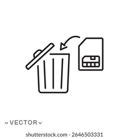 sim card in trash bin icon, sim card with trash can concept, thin line symbol isolated on white background, editable stroke eps 10 vector illustration