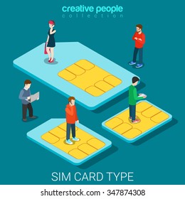 SIM card type size flat 3d isometry isometric concept web vector illustration. Micro people standing on classic big, micro and nano mobile phone chip cards. Creative people collection.