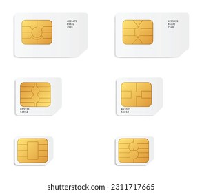 Sim card types icon set isolated. Cellular phone card - Normal, Mini, Nano. Smart cellular wireless communication gsm chip, electronics and telecommunication microchip design on white