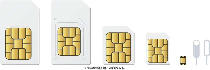 Sim card types icon set and sim tool isolated on White background. Set of various sim cards. Simcard microchip closeup. Nano, micro, standard card and embedded sim. microchip design Mobile Devices. 