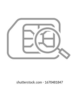 SIM card under magnifying glass line icon. Mobile slot, phone card symbol