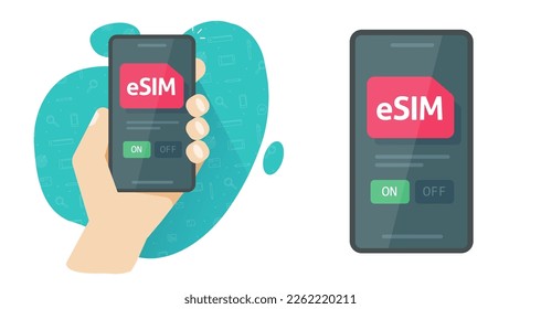 Sim card use in cell phone technology vector graphics illustration, esim digital chip tech using in mobile cellphone app, smart telephone smartphone screen embedded-sim on off button image 