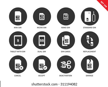 Sim card vector icons set. Technology and telecommunication items, different types of sim card, mini, macro, nano, standard, tablet with sim, deactivation, damage. Isolated on white background