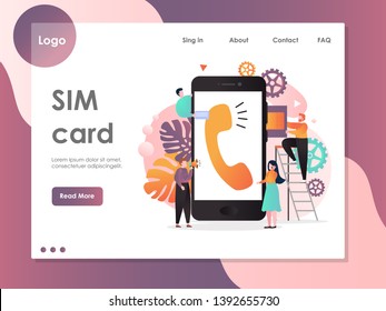 SIM card vector website template, web page and landing page design for website and mobile site development. Wireless cellphone communication, SIM card technology concept.
