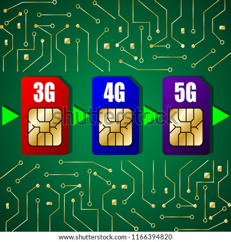 SIM cards 3g, 4g, 5g on the background of the chip, electronic board. Vector Illustration
