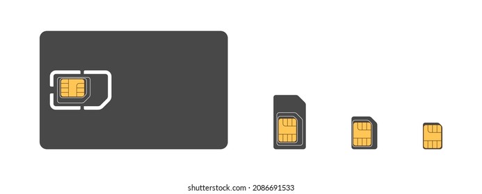 SIM cards. SIM card icons for mobile. Types of SIM cards, mini, micro, nano. Vector illustration