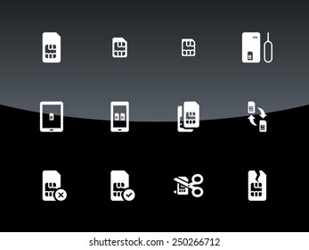 SIM cards (mini, micro, nano) icons on black background. Vector illustration.