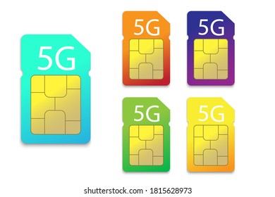 Sim cards. Mobile network 5g. Wireless telephone communication. Colored cards for a smartphone. Vector illustration.