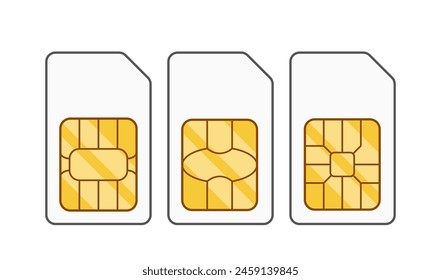 Tarjetas Sim, Módulo De Identidad Del Suscriptor Organizado Verticalmente. Tres Chips Pequeños De Tamaño Estándar De Vector En Dispositivos Móviles