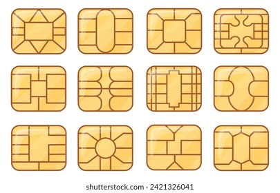 Sim chip emv. Tarjeta de crédito o chips nfc diseño de símbolos de cierre, módulo seguro de microchip atm gsm banca global compra tecnología de teléfono terminales de tarjetas de crédito, ilustración de vector nítida