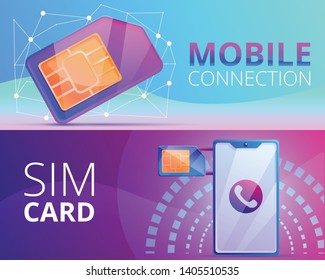 Sim phone card banner set. Cartoon illustration of sim phone card vector banner set for web design