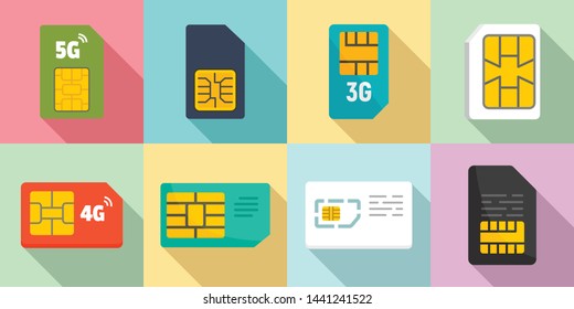 Sim phone card icons set. Flat set of sim phone card vector icons for web design
