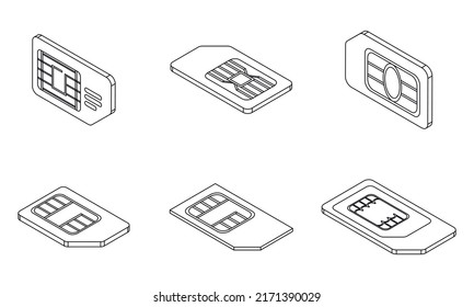 Sim phone card icons set. Isometric set of sim phone card vector icons outline isolated on white background