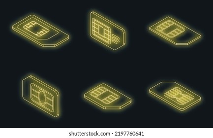 Sim phone card icons set. Isometric set of sim phone card vector icons neon color on black