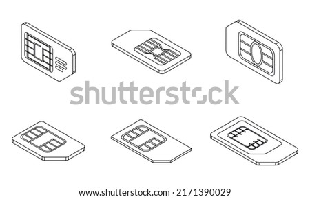 Sim phone card icons set. Isometric set of sim phone card vector icons outline isolated on white background