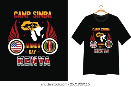 Simba camp Manda by Kenya . t-shirt design. modern t-shirt. American t-shirt. Wild and free,   festival poster. Music world tour artwork.