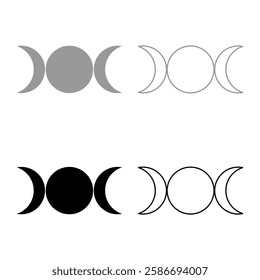 Simbol triple goddess religious sign moon phases wiccan set icon grey black color vector illustration image solid fill outline contour line thin flat style