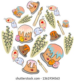 Simbols of Easter selebration. Willow, cake, eggs on white background. Vector.
