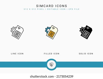 Simcard icons set vector illustration with solid icon line style. Phone nano chip concept. Editable stroke icon on isolated background for web design, user interface, and mobile application