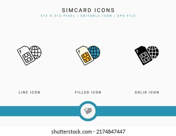 Simcard icons set vector illustration with solid icon line style. Phone nano chip concept. Editable stroke icon on isolated background for web design, user interface, and mobile application