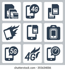 Simcards, 4g, 5g and mobile communication related vector icon set