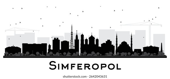 Simferopol Crimea city skyline silhouette with black buildings isolated on white. Vector illustration. Simferopol cityscape with landmarks. Tourism concept with modern and historic architecture.