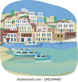 Simi island greece sea with boats and houses