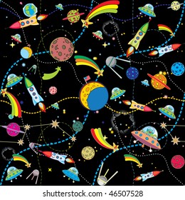 similar black space background with rockets and planets