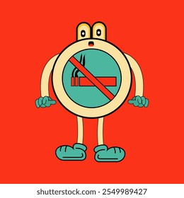 similar character. Smoke Free is a character in the form of a circle sign with a yellow background circled in red lines, accompanied by a picture of a cigarette crossed in red. He has a friendly face 