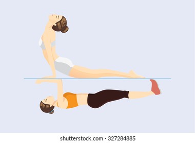 Similar exercises posture of Yoga and Pilates. Refers to the differences and similarities at the same time. This illustration about health care concept with workout.