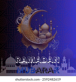 Similar to the first image but with a black and blue background. The crescent moon and mosque retain intricate golden detailing."RAMADAN KAREEM" is written in bold white and red and blue letters.