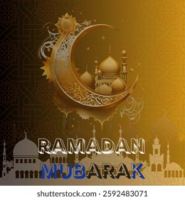 Similar to the first image but with a black and golden background. The crescent moon and mosque retain intricate golden detailing."RAMADAN KAREEM" is written in bold white and red and blue letters.