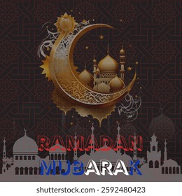 Similar to the first image but with a dark black background.The crescent moon and mosque retain intricate golden detailing. "RAMADAN KAREEM" is written in bold white and red blue letters. Eps file.
