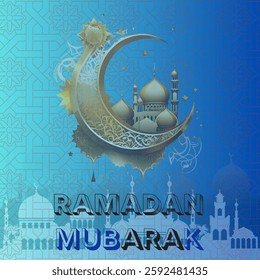Similar to the first image but with a dark blue background.The crescent moon and mosque retain intricate golden detailing. "RAMADAN KAREEM" is written in bold white and red blue letters. Eps file.
