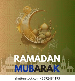 Similar to the first image but with a golden ,dark black background. The crescent moon and mosque retain intricate golden detailing."RAMADAN KAREEM" is written in bold white and red and blue letters.