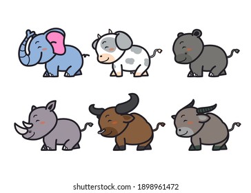 Similar flat style vector set of cute elephant, cow, rhinoceros and more on a white background. Adorable forest animal on a white background