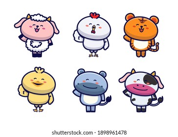 Similar flat style vector set of cute bird, chicken, tiger and more on a white background. Adorable domestic animal on a white background