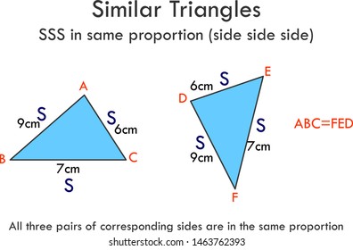 Similar Triangles. SSS in same proportion (side side side)
All three pairs of corresponding sides are in the same proportion. Mathematics lesson. Educational, geometry vector graphic.