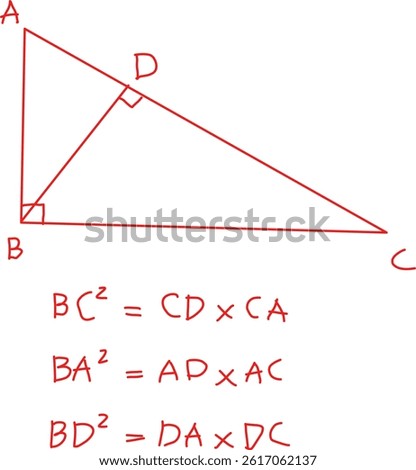 similarity and congruence, Formulas for similarity, If right triangle ABC is right angled at B and BD ⊥ AC.