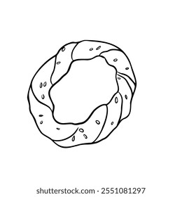 Simit black white vector illustration isolated. Turkish sesame ring hand drawn graphic sketch. Turkish crusted bagel, koulouri line art painted for design signage, cookbook, packaging, bakehouse.