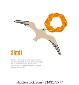 Simit bread con gaviota de pájaro, graciosa ilustración de vector de dibujos a mano