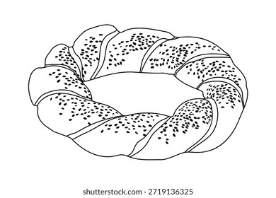 Simit, bagel turco - Ilustración vectorial isométrica dibujada a mano en blanco y negro.